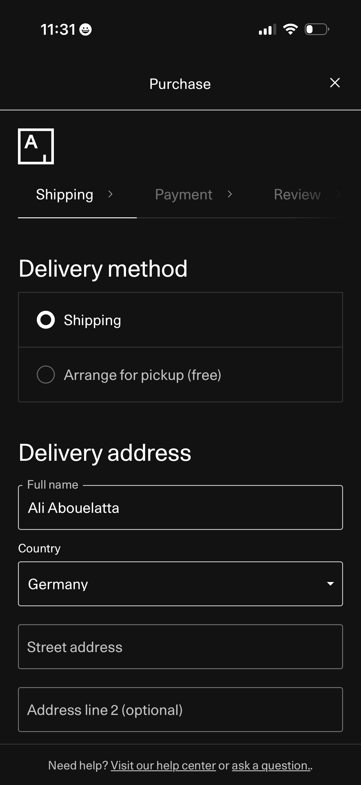 artsy checkout screenshot